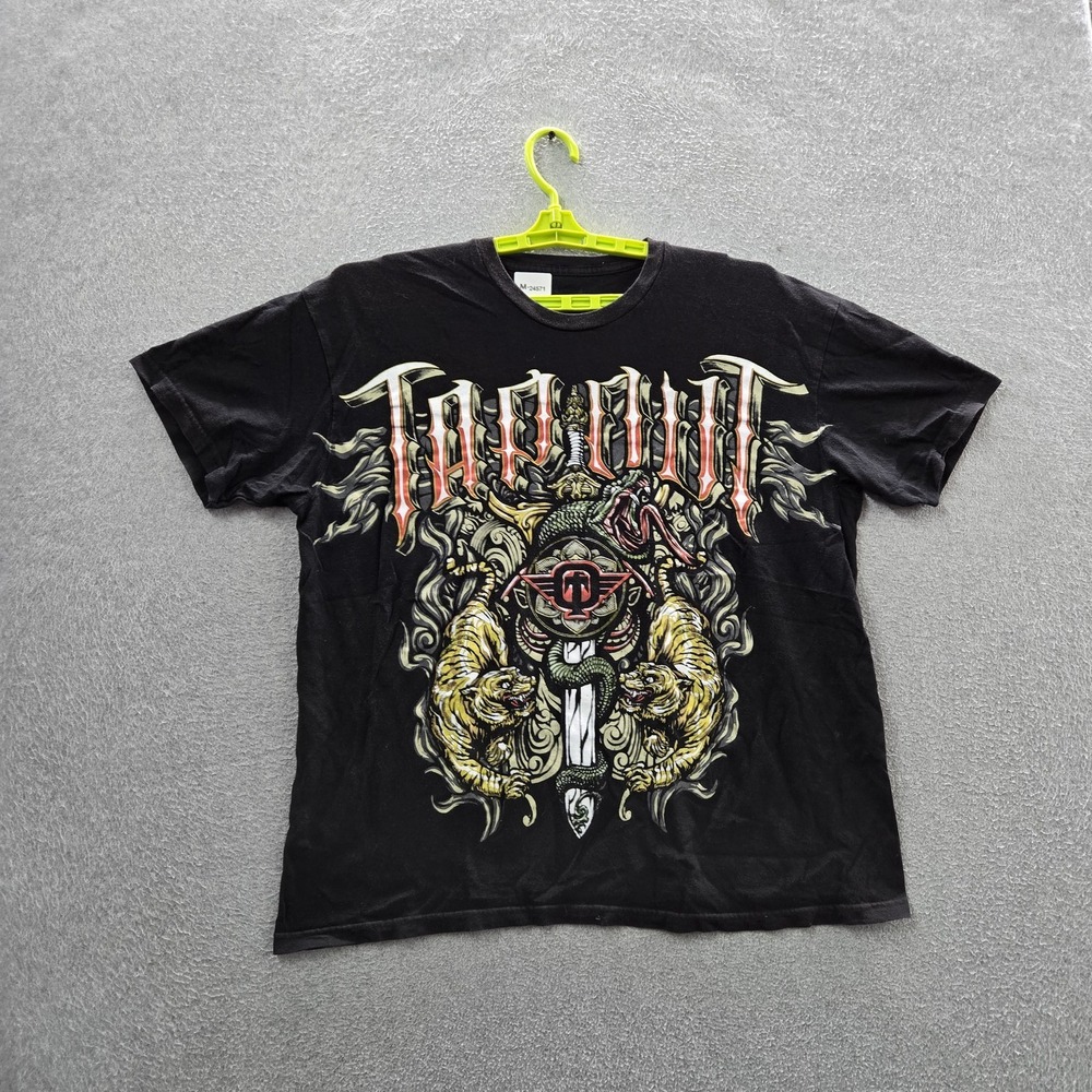 VINTAGE Tapout Men Shirt L Black Y2K Grunge Tiger Sword Short Sleeve Logo